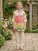 Beige cotton pink floral co ord set with collar design