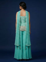Aqua blue crepe silk palazzo suit with mirror work