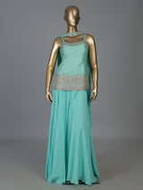 Aqua blue crepe silk palazzo suit with mirror work