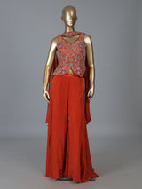 Orange satin silk palazzo suit with heavy embellishments