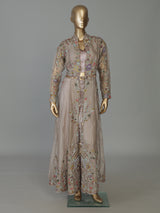 Beige tissue silk long jacket style designer suit