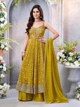 Mehendi green silk palazzo suit with embroidery work