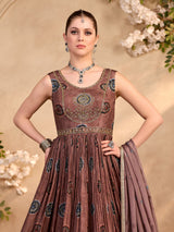 Brown silk anarkali suit with diamond embellishments