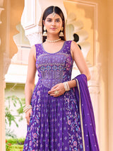 Purple chiffon georgette anarkali suit with stone work