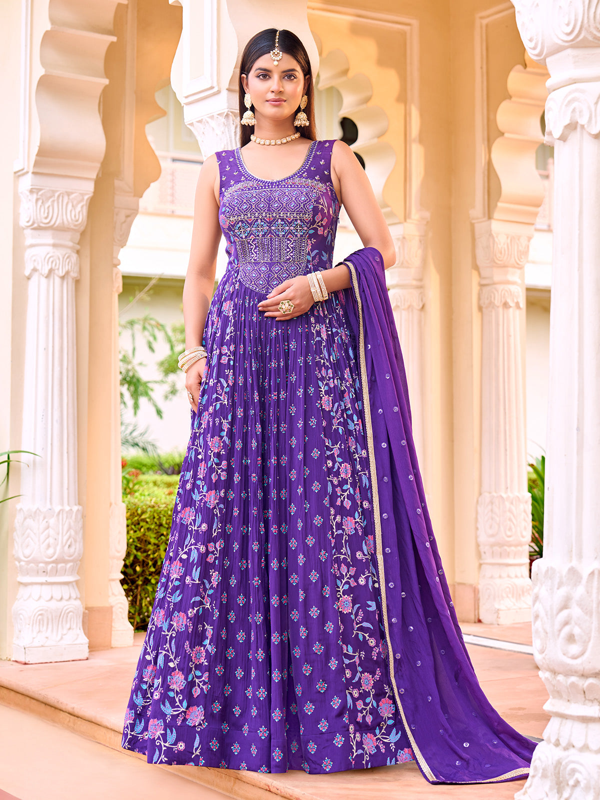 Purple chiffon georgette anarkali suit with stone work