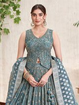Stone grey silk lehenga choli with zari embellishment