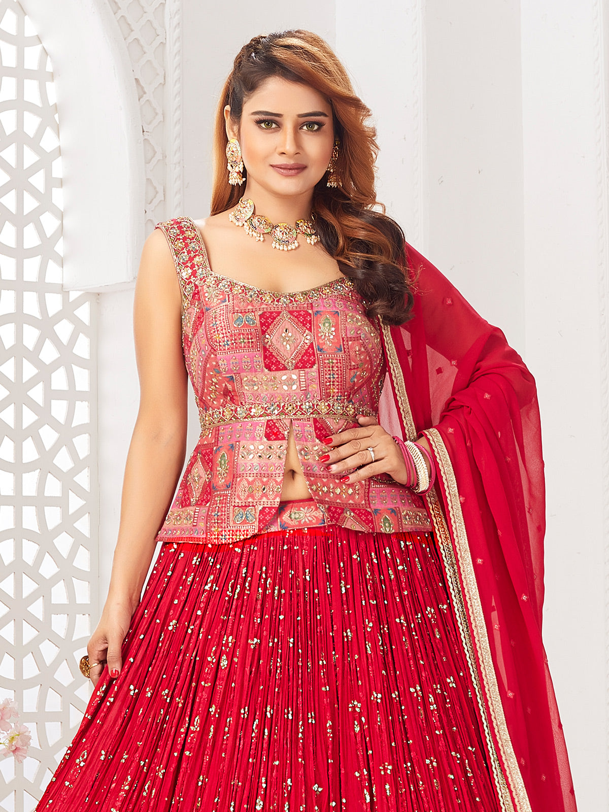 Red georgette designer lehenga choli with dupatta