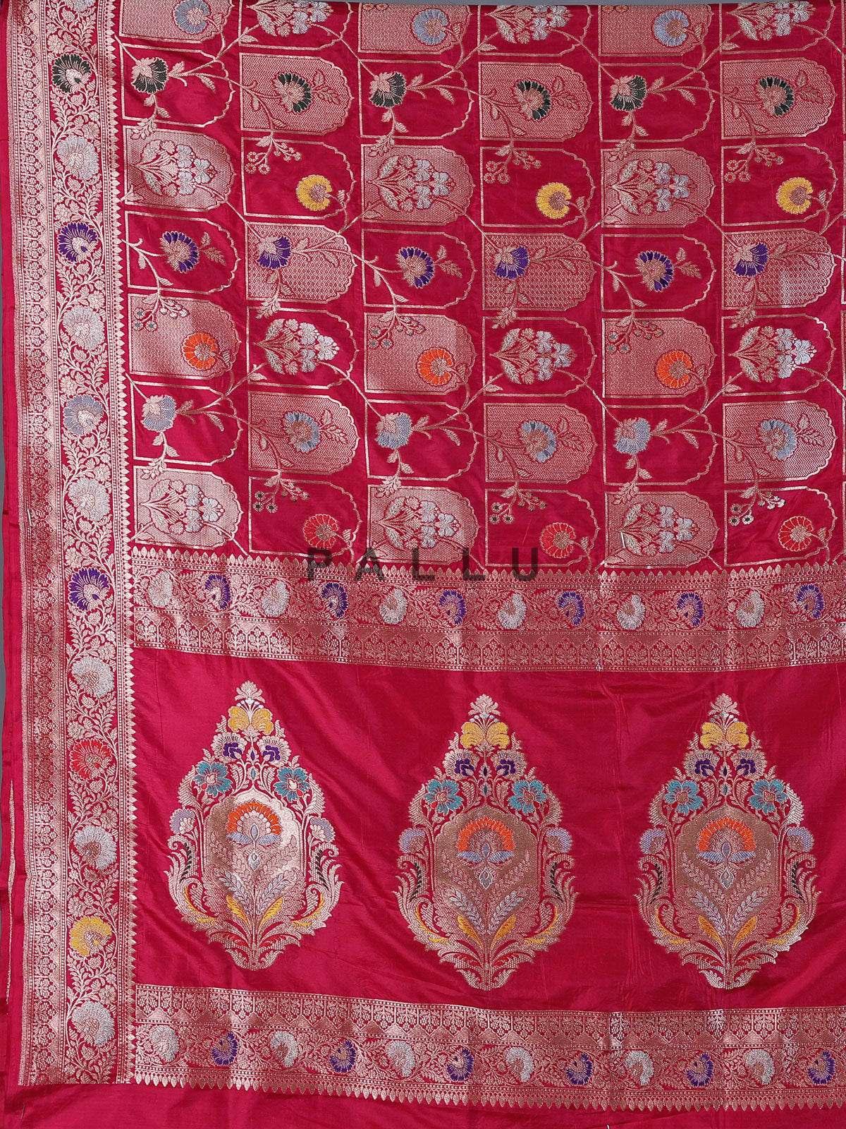 Maroon banarasi silk saree with floral zari work richness