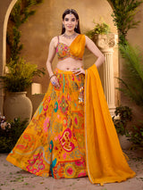 Mustard chiffon lehenga choli with designer embellished blouse