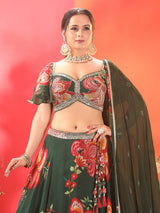 Mehendi green tissue silk lehenga choli with prints