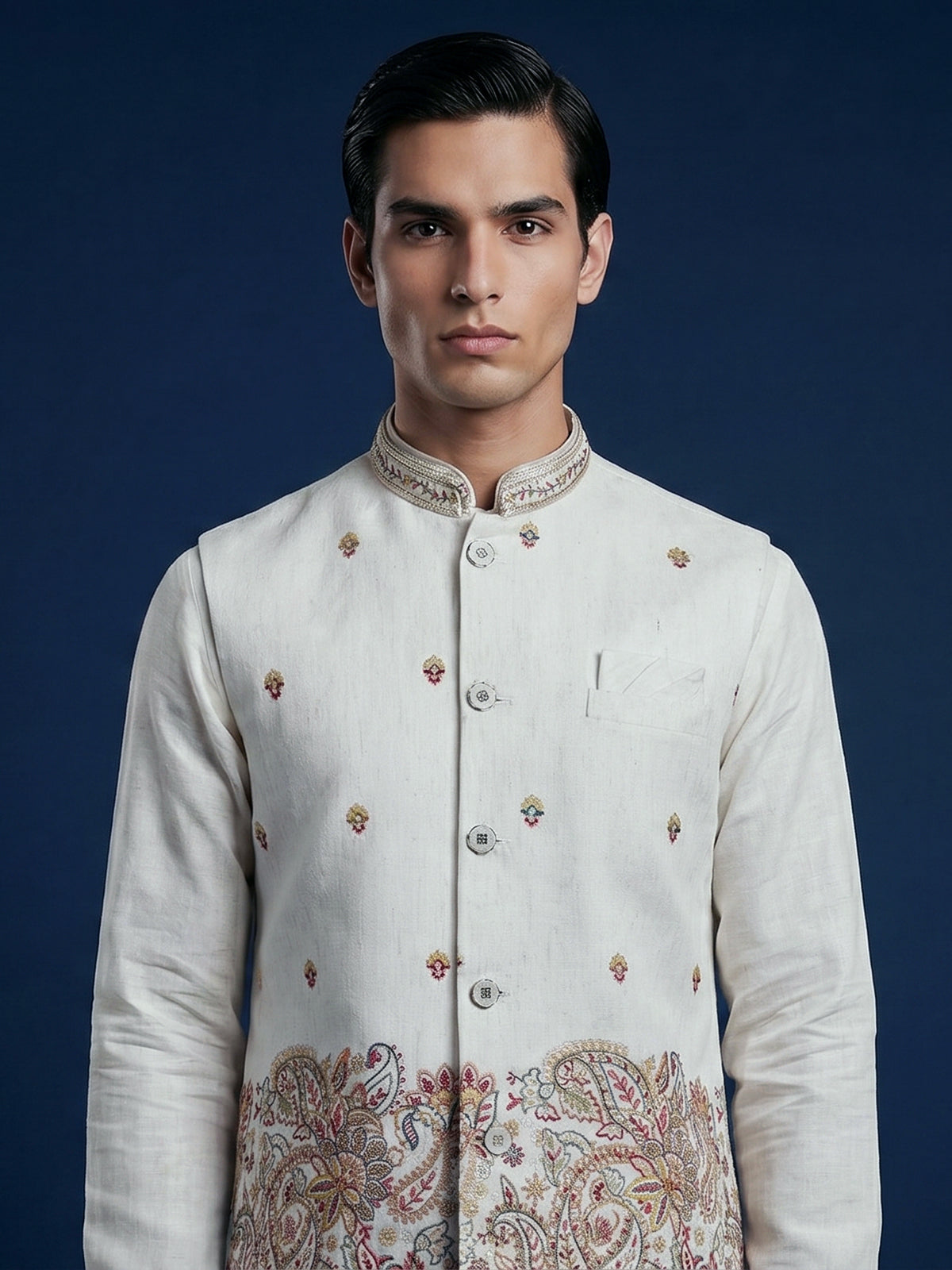 Off white silk embroidered elegant festive waistcoat set