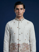 Off white silk embroidered elegant festive waistcoat set