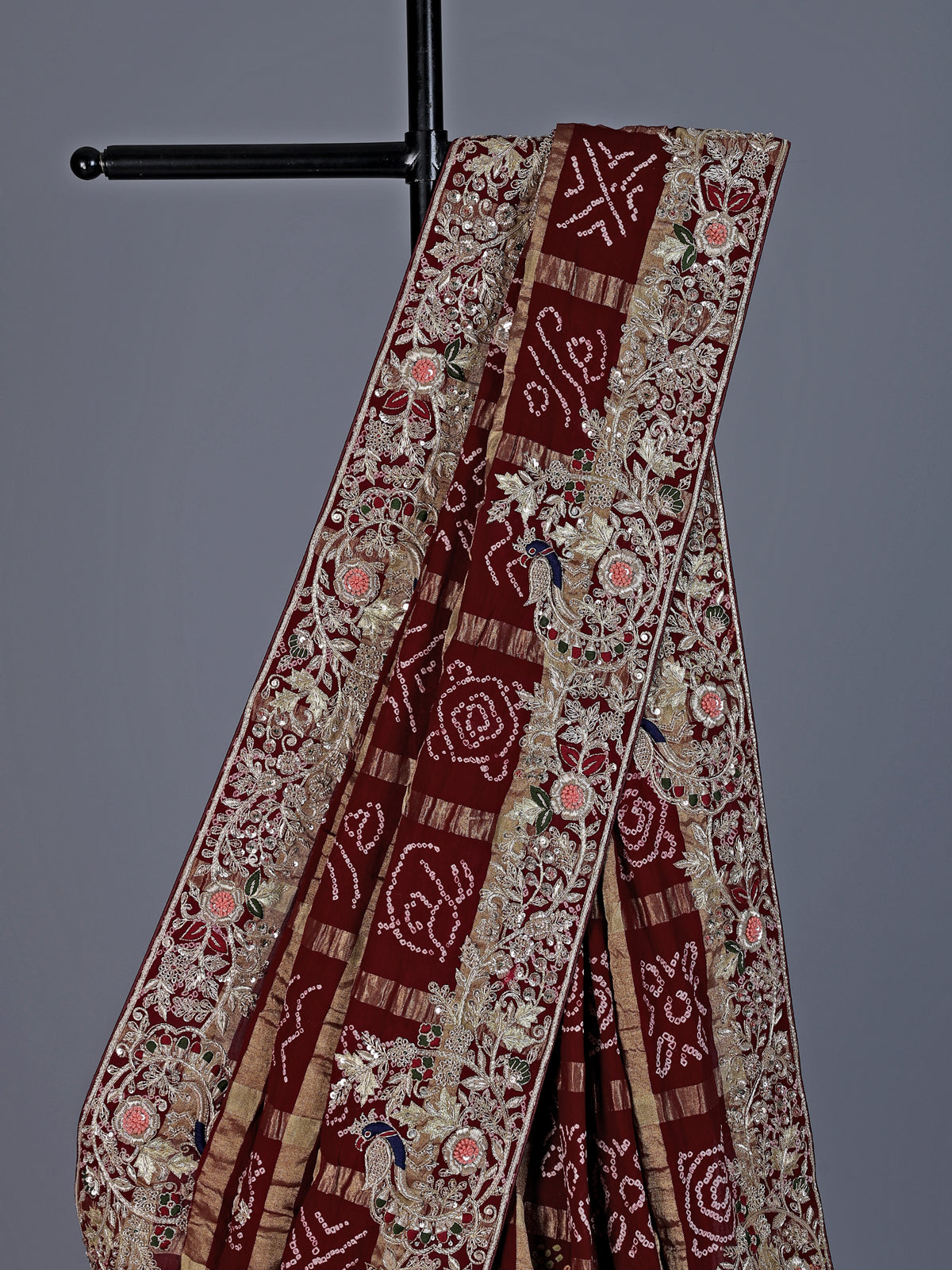 Maroon pure cotton gharchola saree saree with peacock art and bandhej patterns
