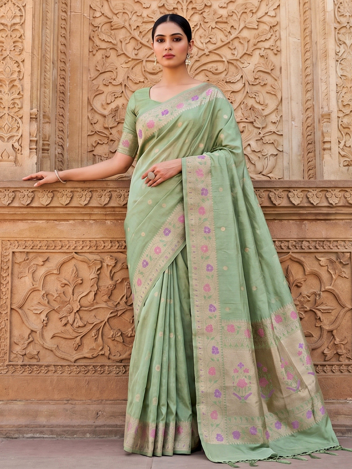 Pista green pure banarasi silk saree with delicate floral butti elegance