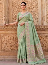 Pista green pure banarasi silk saree with delicate floral butti elegance