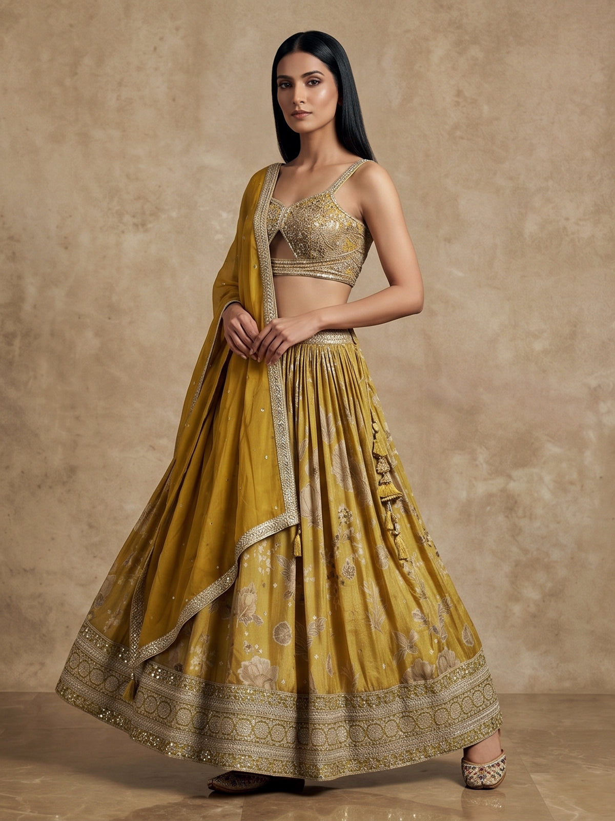 Mehendi yellow georgette silk heavy embroidered lehenga choli