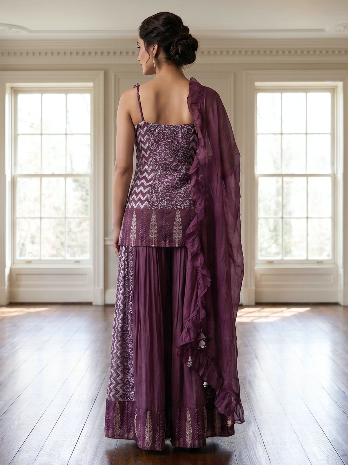 Dark purple chiffon silk palazzo suit with zardosi