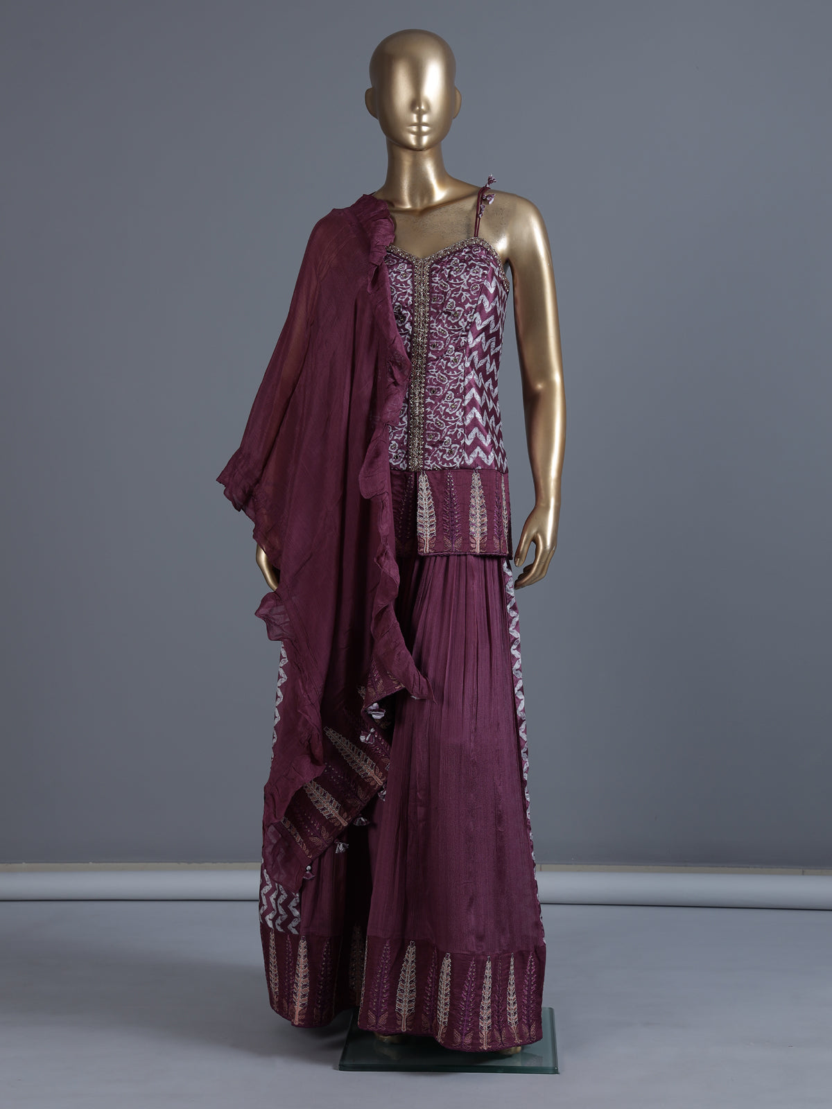 Dark purple chiffon silk palazzo suit with zardosi