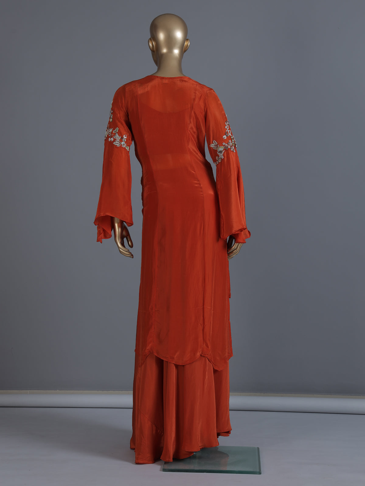 Orange crepe silk indowestern suit with detailed work