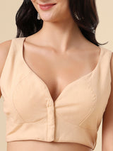 Beige cotton solid blouse with front open sleeveless design