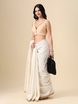 Beige cotton solid blouse with front open sleeveless design