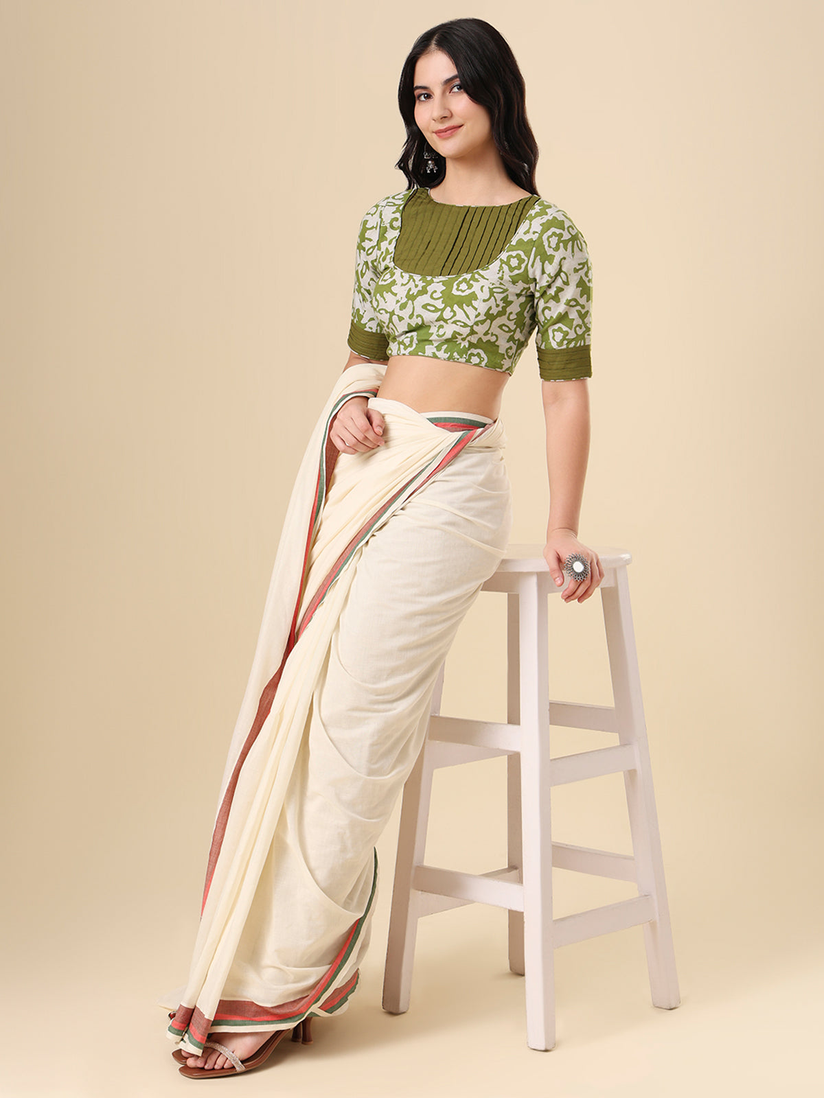 Olive cotton printed blouse with round neck