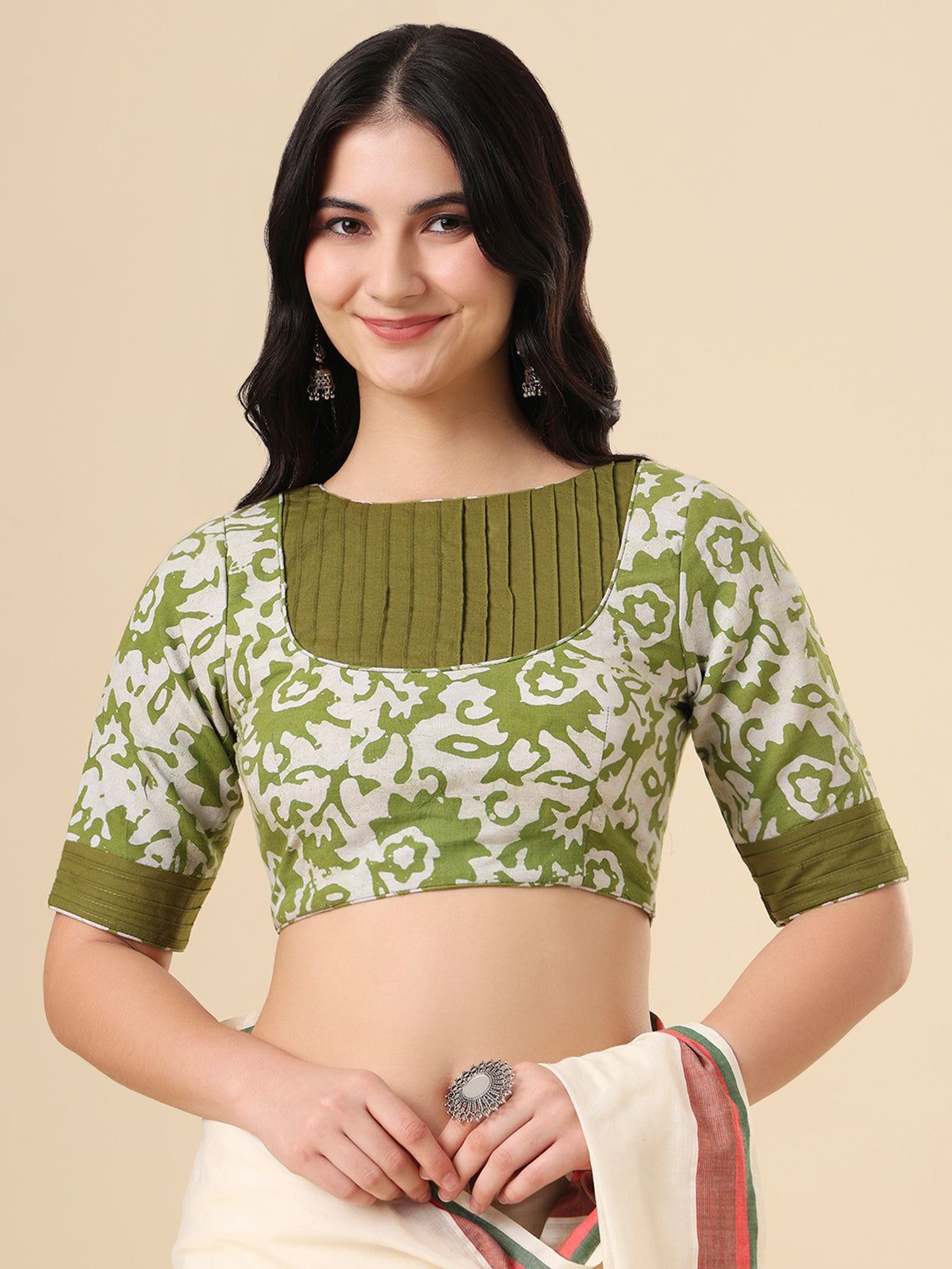 Olive cotton printed blouse with round neck