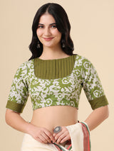 Olive cotton printed blouse with round neck