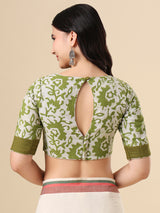 Olive cotton printed blouse with round neck
