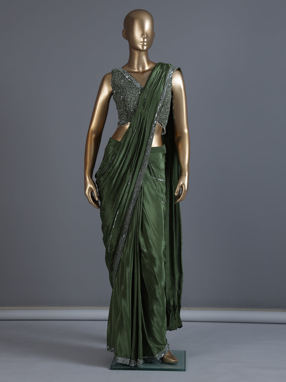 Green satin silk ready to wear saree with tassel work