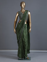 Green satin silk ready to wear saree with tassel work