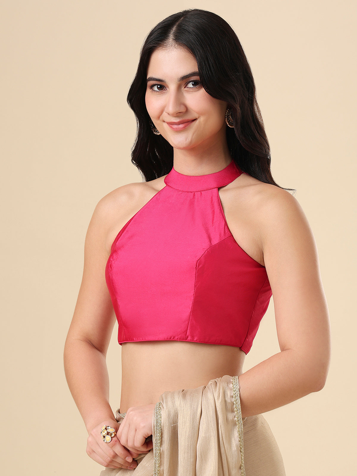 Pink taffeta blouse with halter neck sleeveless design