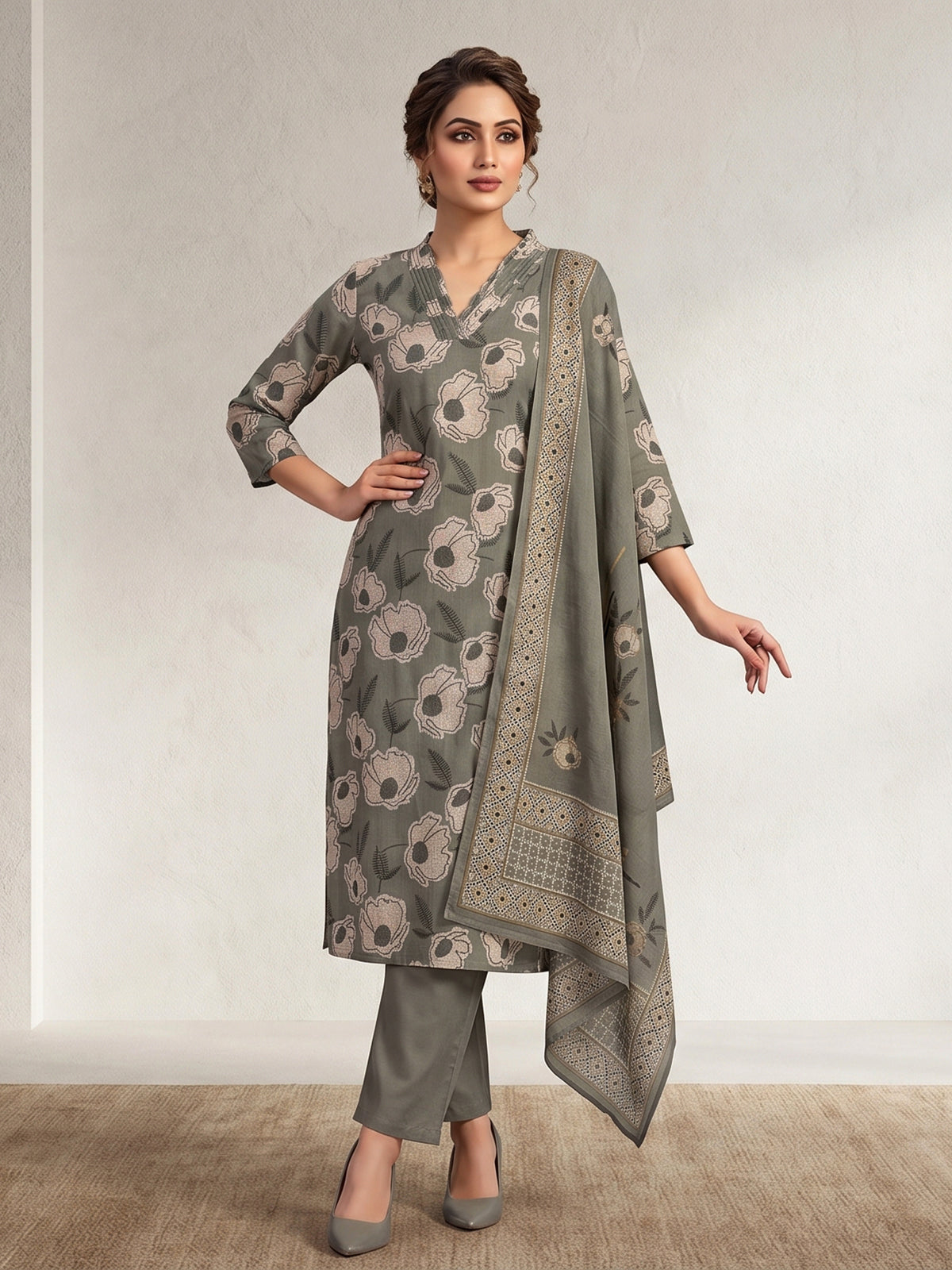 Sage green botanical cotton kurti set edit