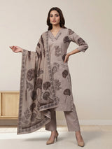 Taupe botanical printed cotton kurti set ensemble