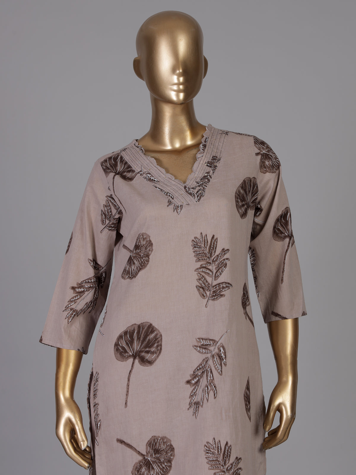 Taupe botanical printed cotton kurti set ensemble