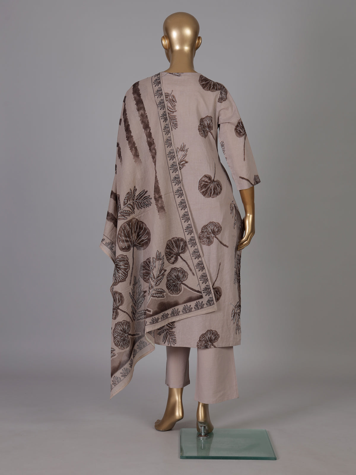 Taupe botanical printed cotton kurti set ensemble
