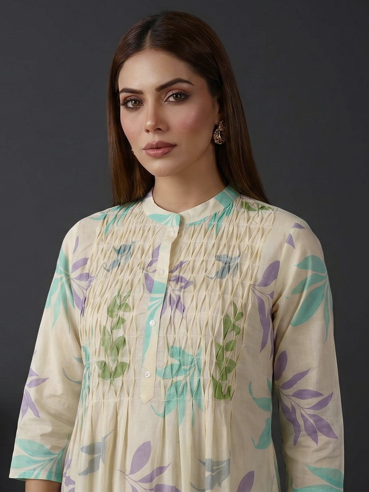 Cream smocked yoke cotton kurti set edit