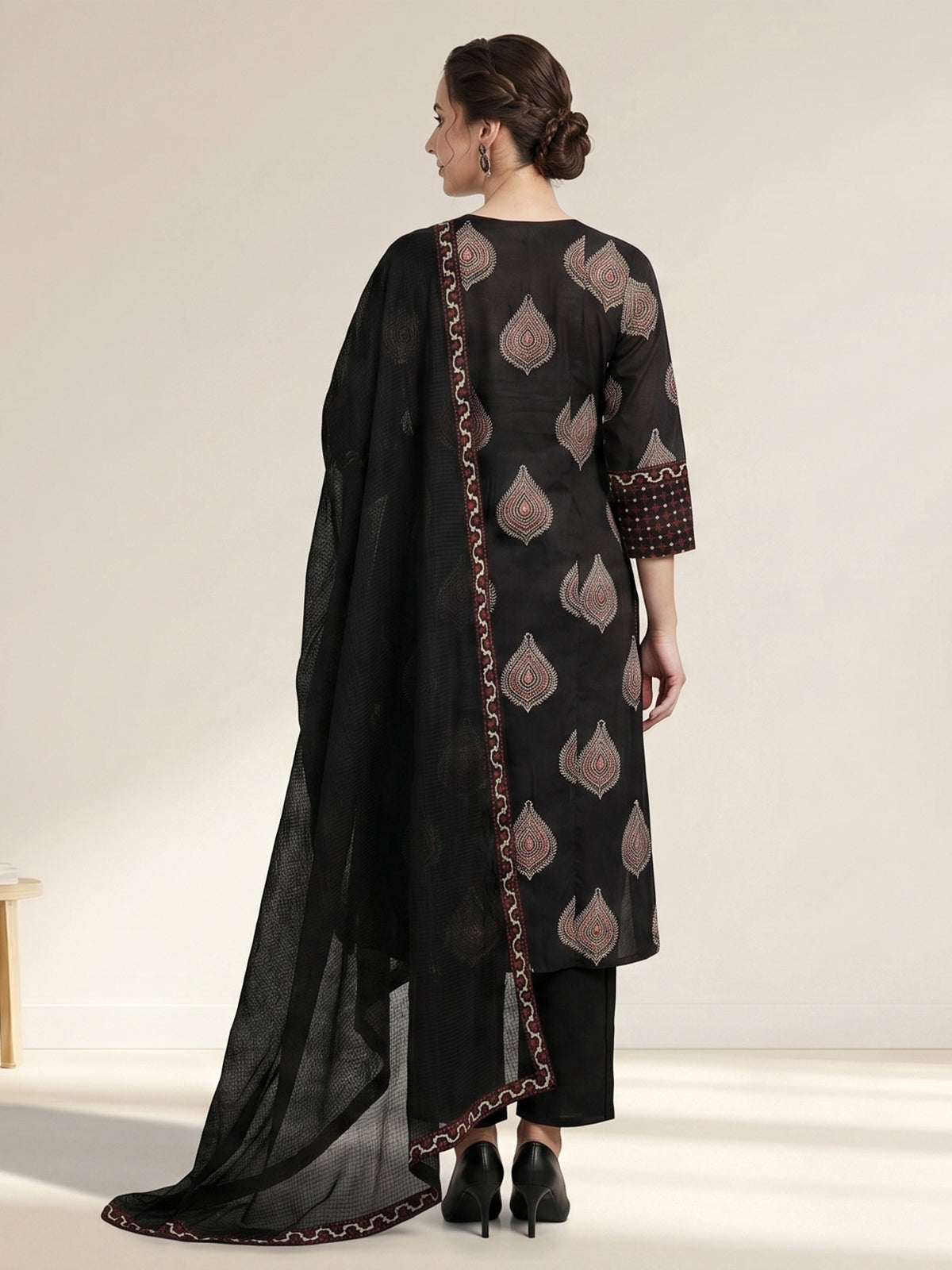 Black ajrakh printed cotton kurti set ensemble