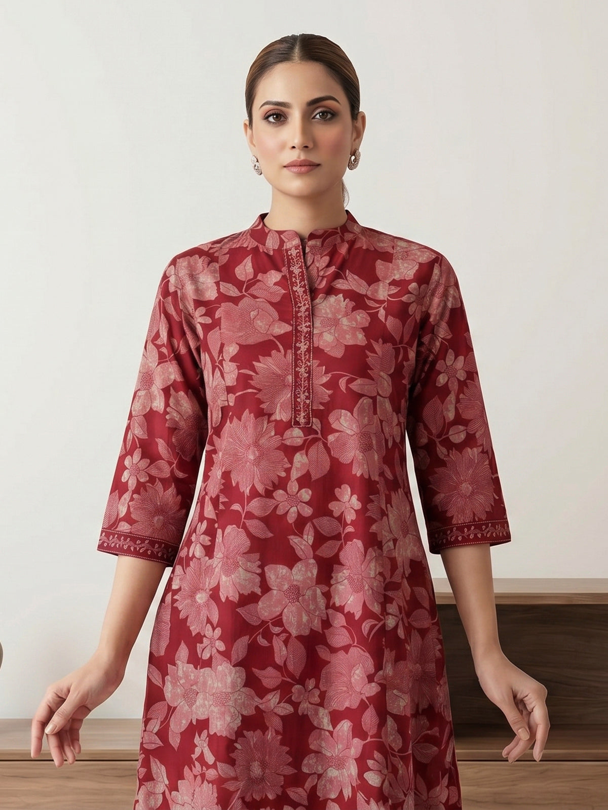 Red anarkali floral cotton kurti set edit