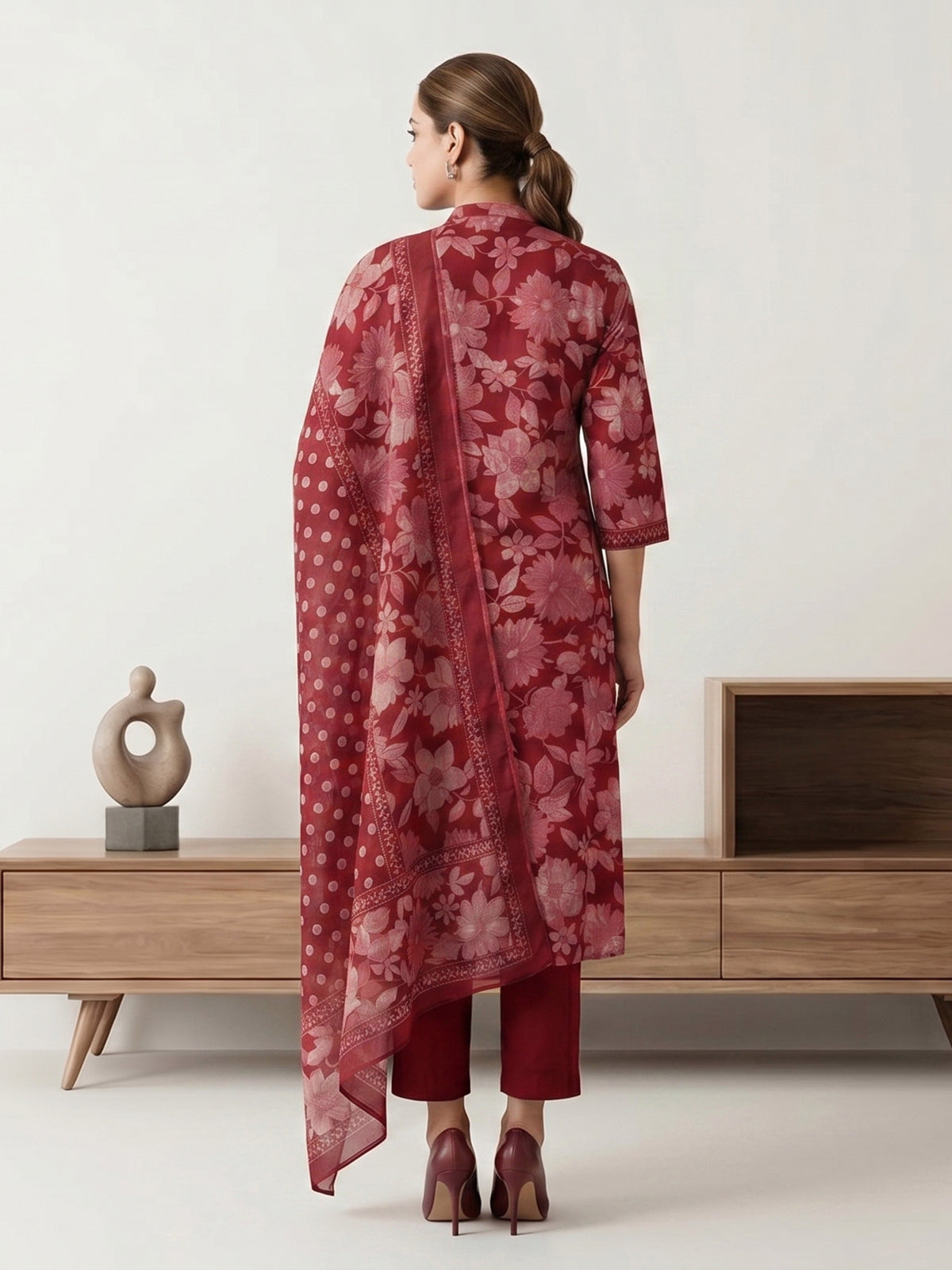 Red anarkali floral cotton kurti set edit