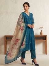 Teal blue chanderi silk kurti set edit