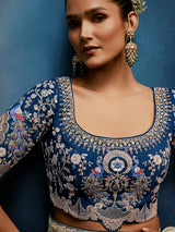 Pista green tissue silk saree with bold navy blouse