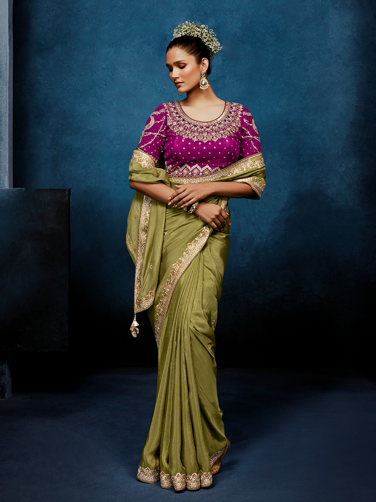 Mehendi green tissue silk saree for festive occasions
