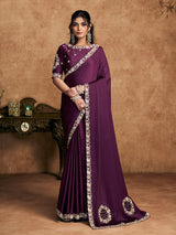 Wine satin silk party wear saree