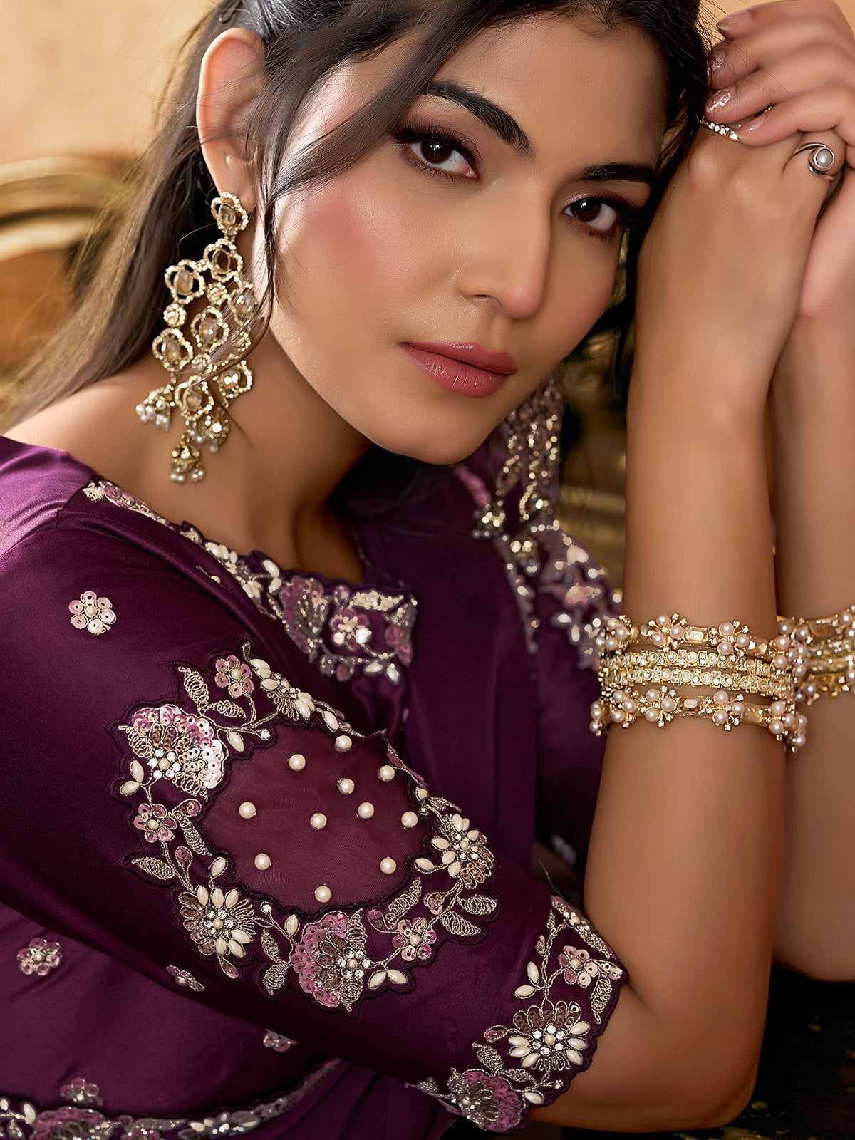 Wine satin silk party wear saree