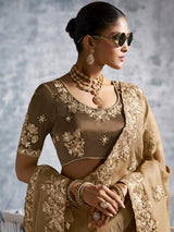 Beige viscose tissue saree