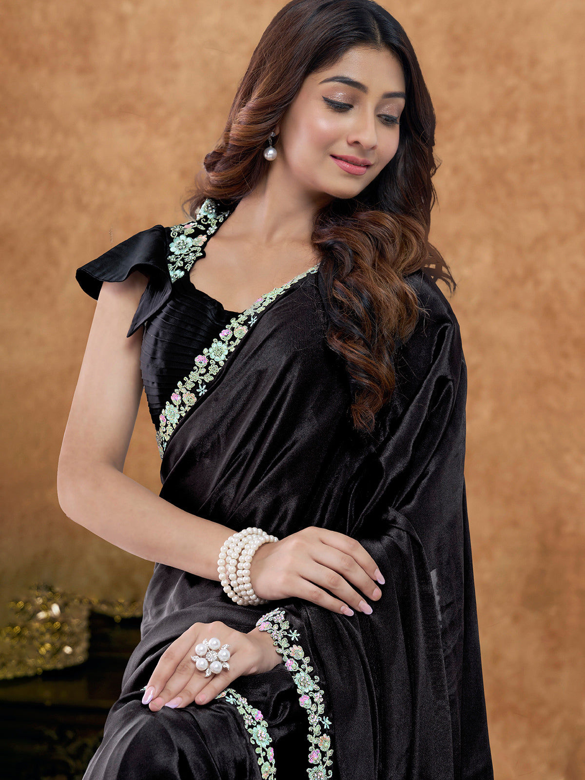 Black satin silk saree with party wear appeal