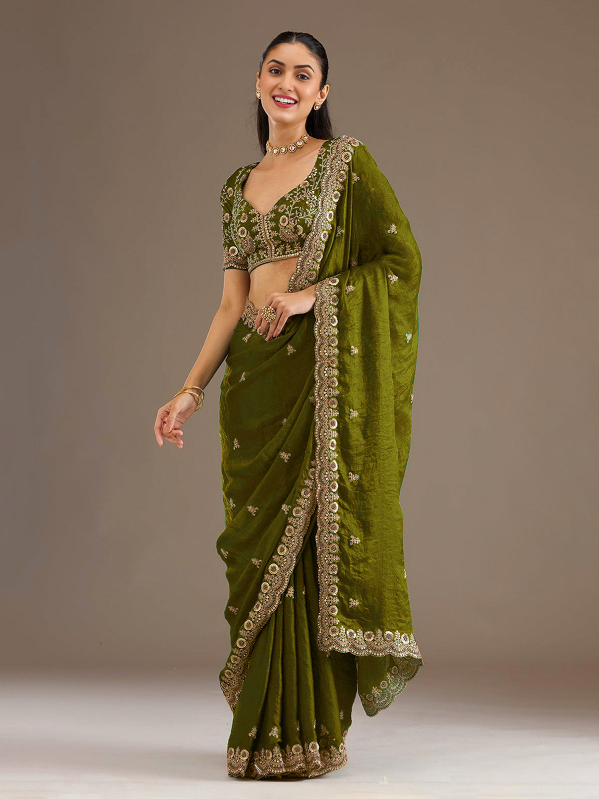 Olive green tissue saree with embellished border
