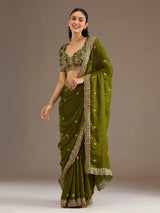 Olive green tissue saree with embellished border