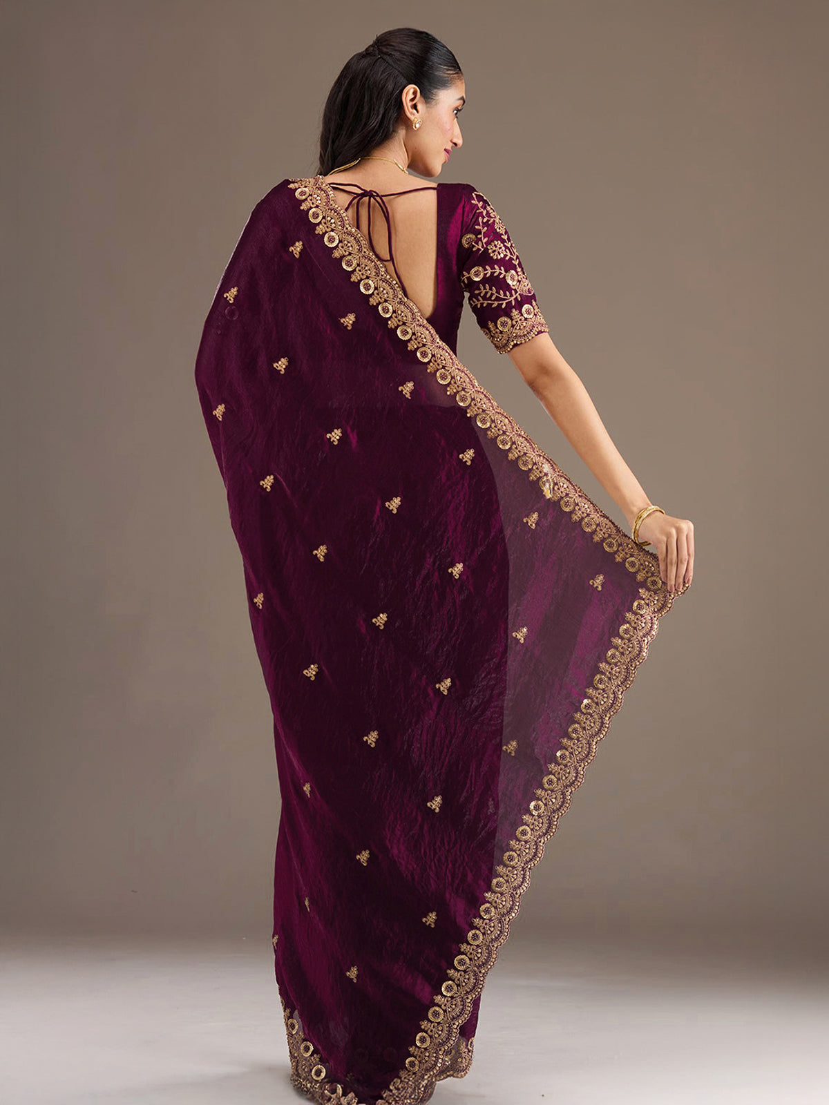 Wine party wear tissue saree with embellished border